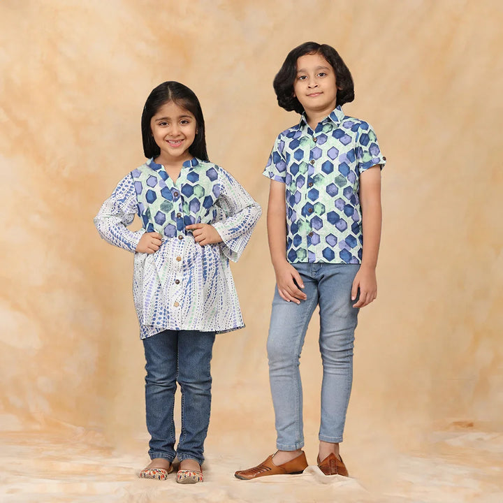 Blue and White printed Tunic with Matching Shirt Brother and Sister Twin Set