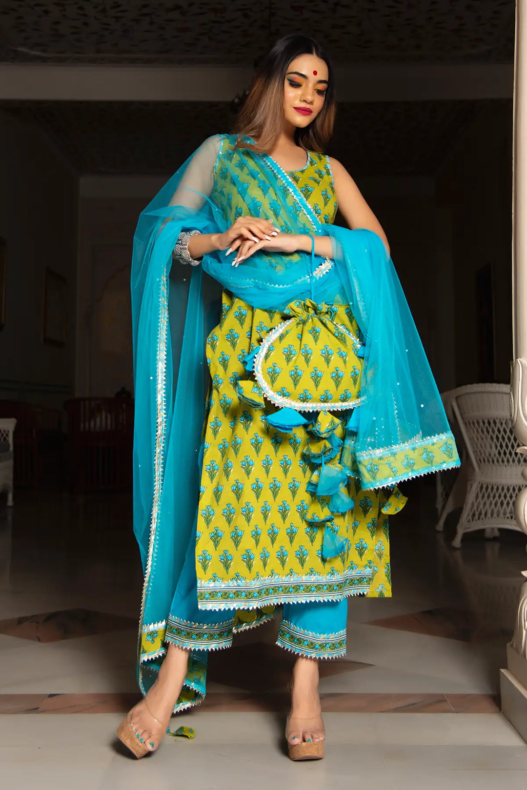 Gulzar Lime & Sky Blue Hand Block Cotton Kurta Suit Set | Organza Dupatta