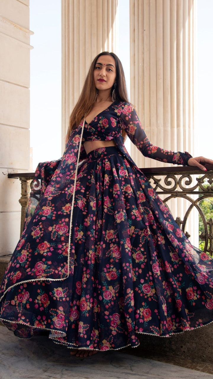 MAJARI BLUE ORGANZA LEHENGA SET - Pomcha Jaipur