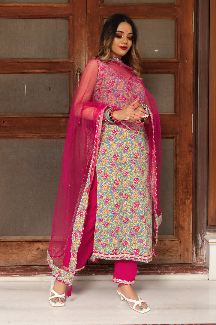 Jaipuri Straight Cotton Salwar Suit Set | Hand Block Print & Net Dupatta