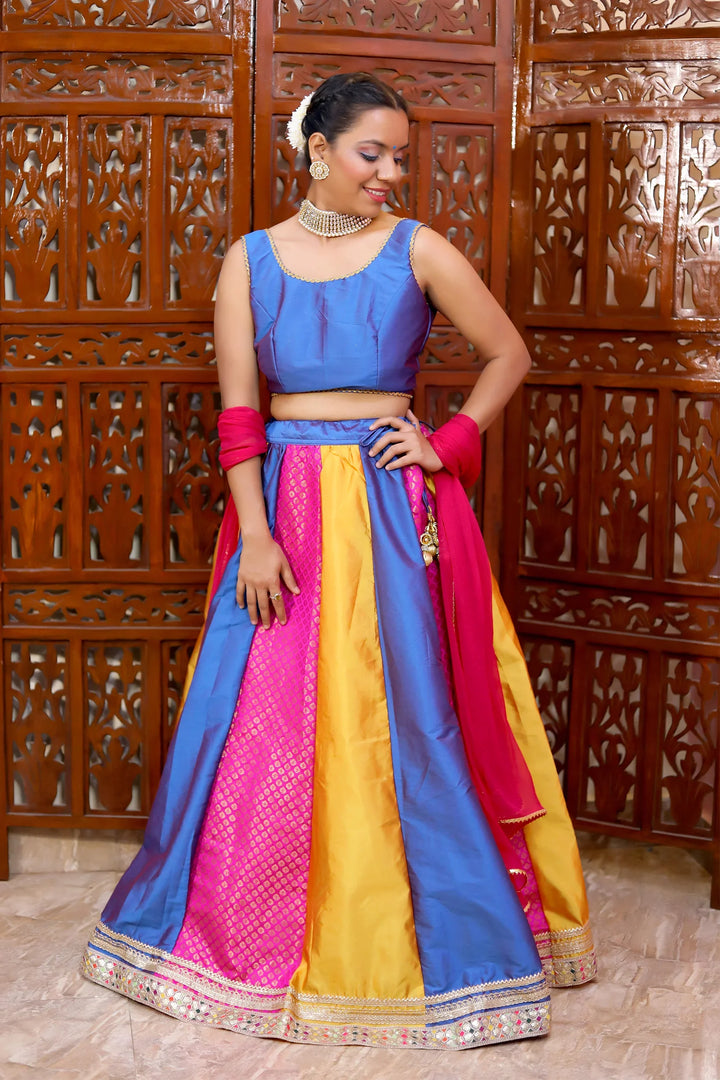 Traditional Blue and Multicolor Lehenga With Choli Set With Matching Dupatta Mom and Daughter Twin Set