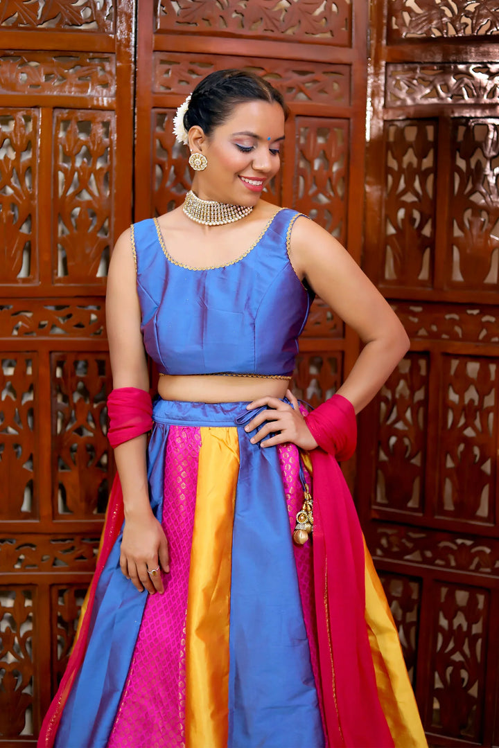 Traditional Blue and Multicolor Lehenga With Choli Set With Matching Dupatta Mom and Daughter Twin Set