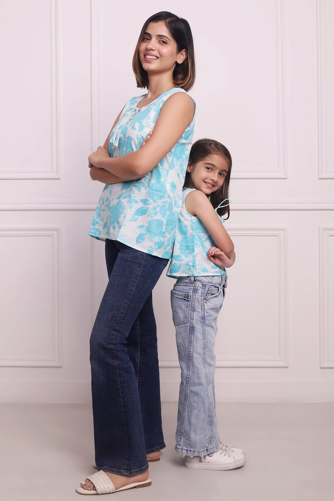 Blooming Blue Set: Cotton Floral Tops for Mom and Daughter