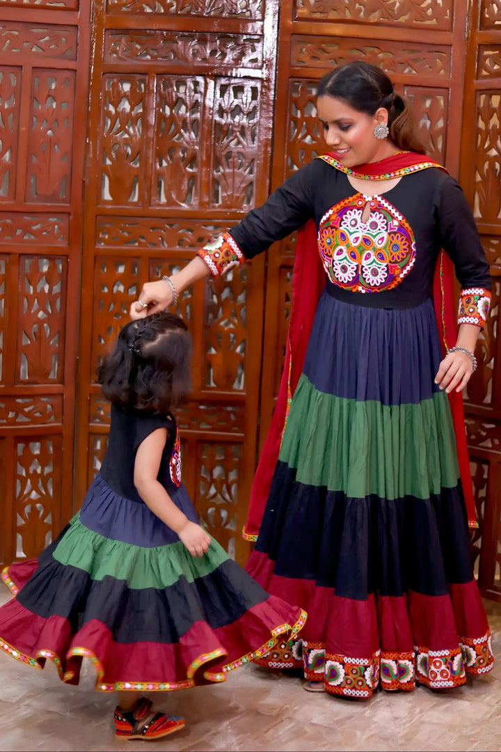 Ethnic Hand Embroidered Black And Multi Color Gown With Matching Dupatta Mom and Daughter Twin Set