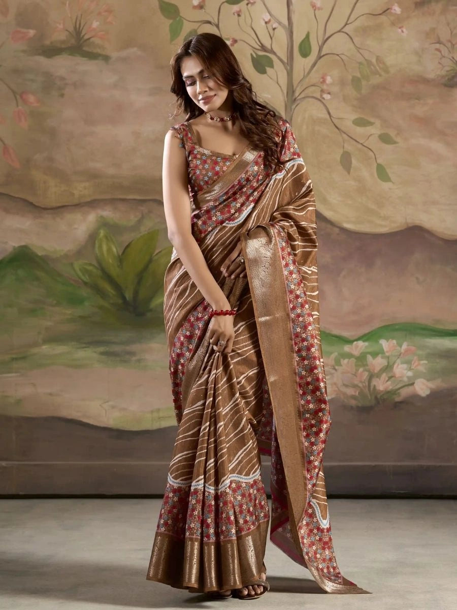 brown dola silk saree with zari embroidery