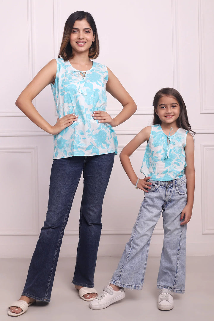 Blooming Blue Set: Cotton Floral Tops for Mom and Daughter