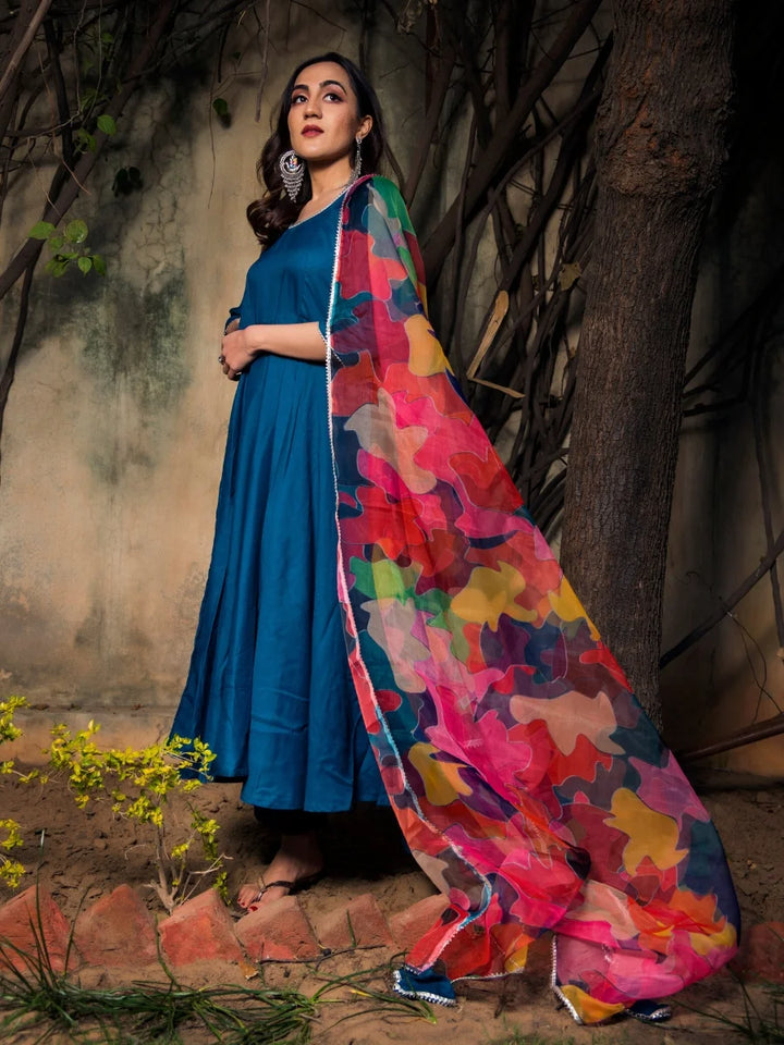 Premium Teal Blue Rayon Anarkali |  organza dupatta signature design