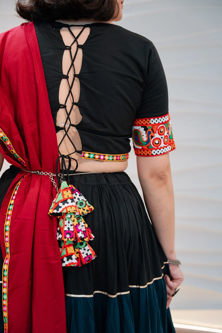 Ethnic Hand Embroidered Black And Multi Color Lehenga Choli With Matching Kurta Pyjama Family Twin Set
