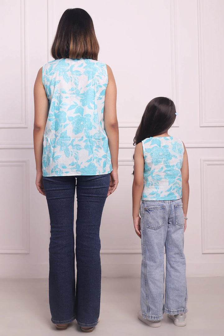 Blooming Blue Set: Cotton Floral Tops for Mom and Daughter