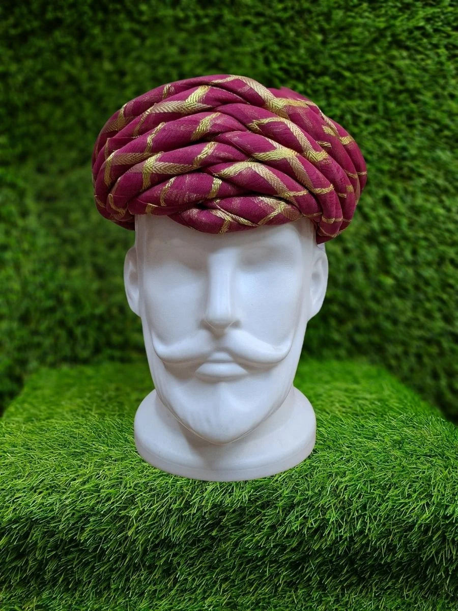 Wedding Maroon Pagdi | Regal Cotton Turban with Elegant Golden Embellishments