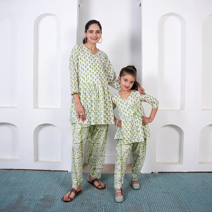 Mom and Daughter Matching Outfits: Green Cotton Peplum Style Top with Pants - Holiday Twin Set