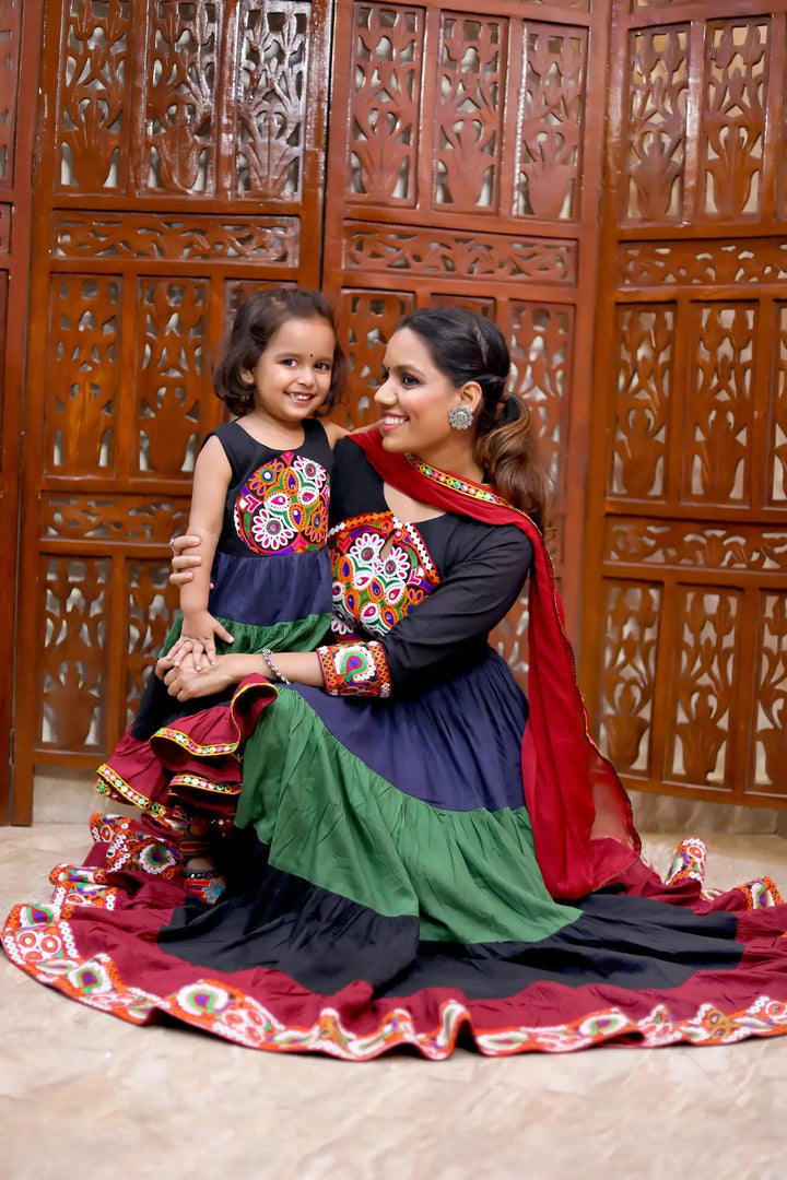 Ethnic Hand Embroidered Black And Multi Color Gown With Matching Dupatta Mom and Daughter Twin Set