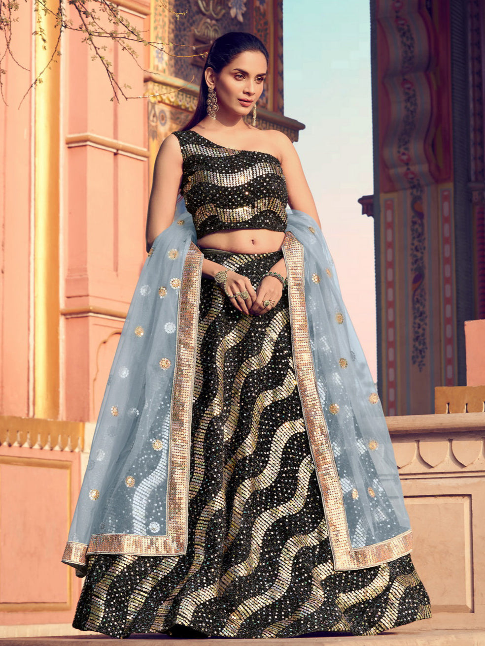 Festive Black and Sky Blue Lehenga | Golden Accent Party Wear Lehenga