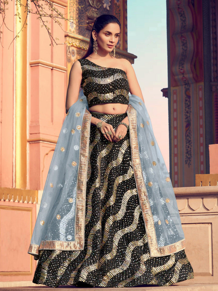 Festive Black and Sky Blue Lehenga | Golden Accent Party Wear Lehenga