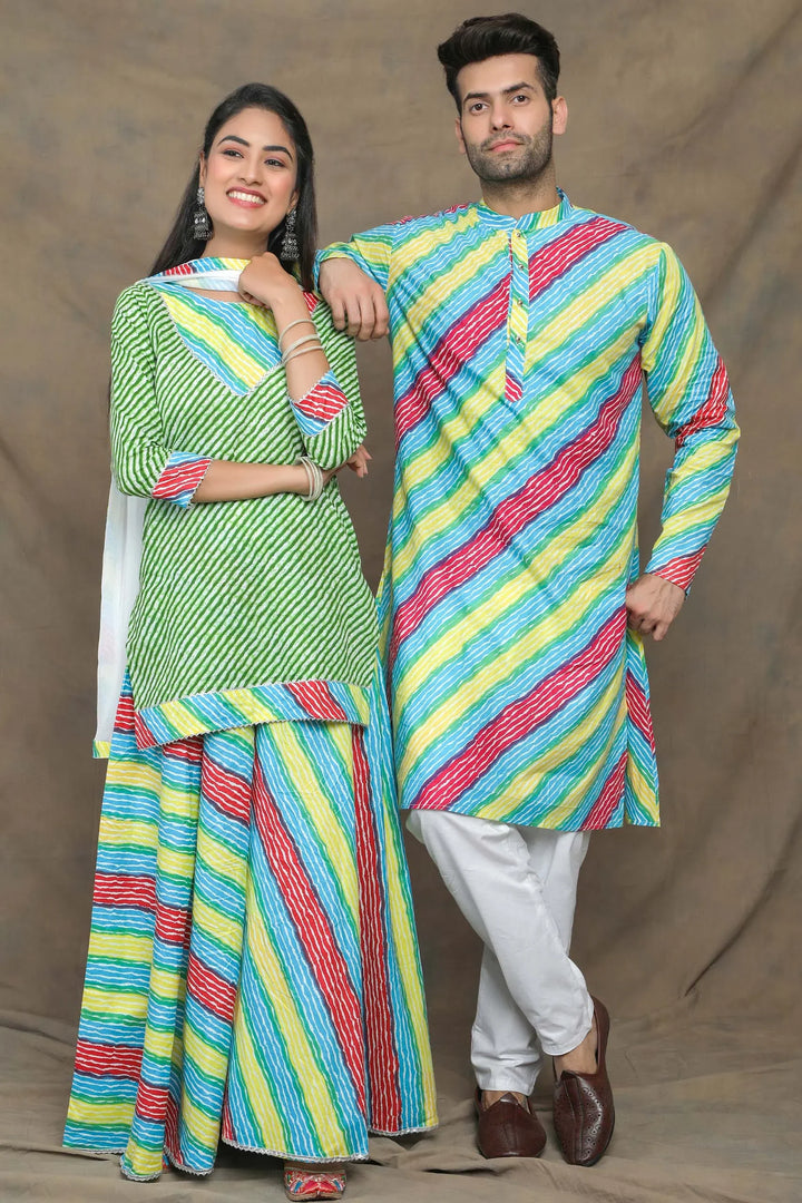 Vibrant Green And Multicolored Leheriya Couple Twin Set