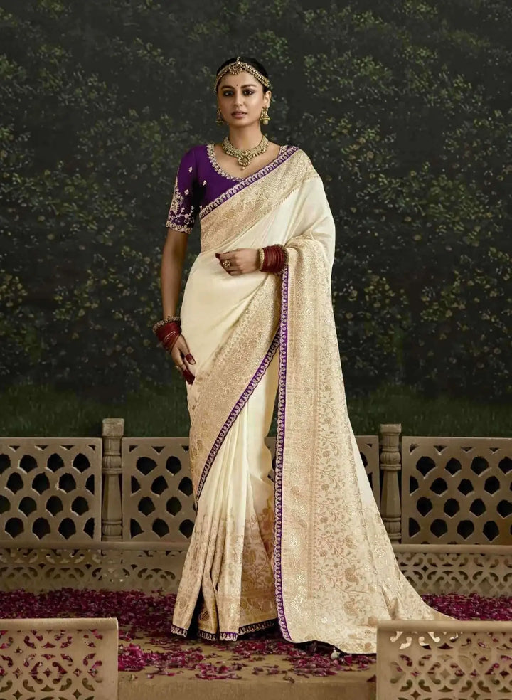 Designer Dola Silk Cream Saree with Sequins Embroidery for Wedding