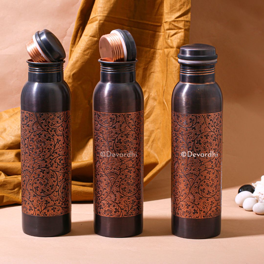 Antique Embossed Copper Hydration Vessel | Eco-Friendly Water Bottle