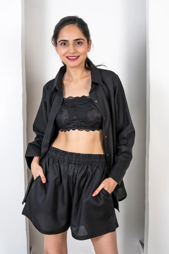 Black Cotton Collar Neck Matching Outfits for Mom and Daughter - Shorts with Shirt Co-ord Set