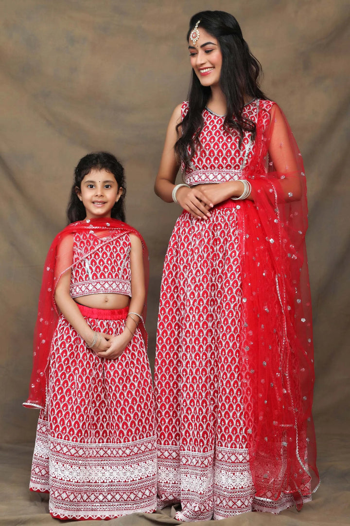 Fuchsia And White Thread work Embroidered Ethnic Mom and Daughter Twin Set