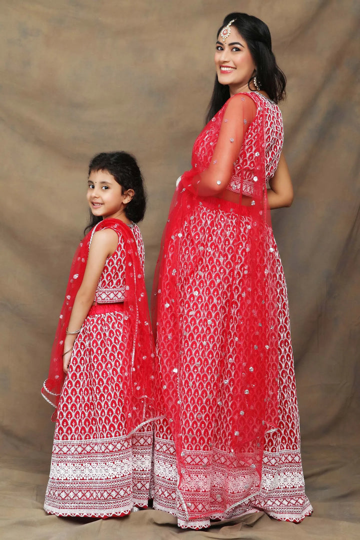 Fuchsia And White Thread work Embroidered Ethnic Mom and Daughter Twin Set