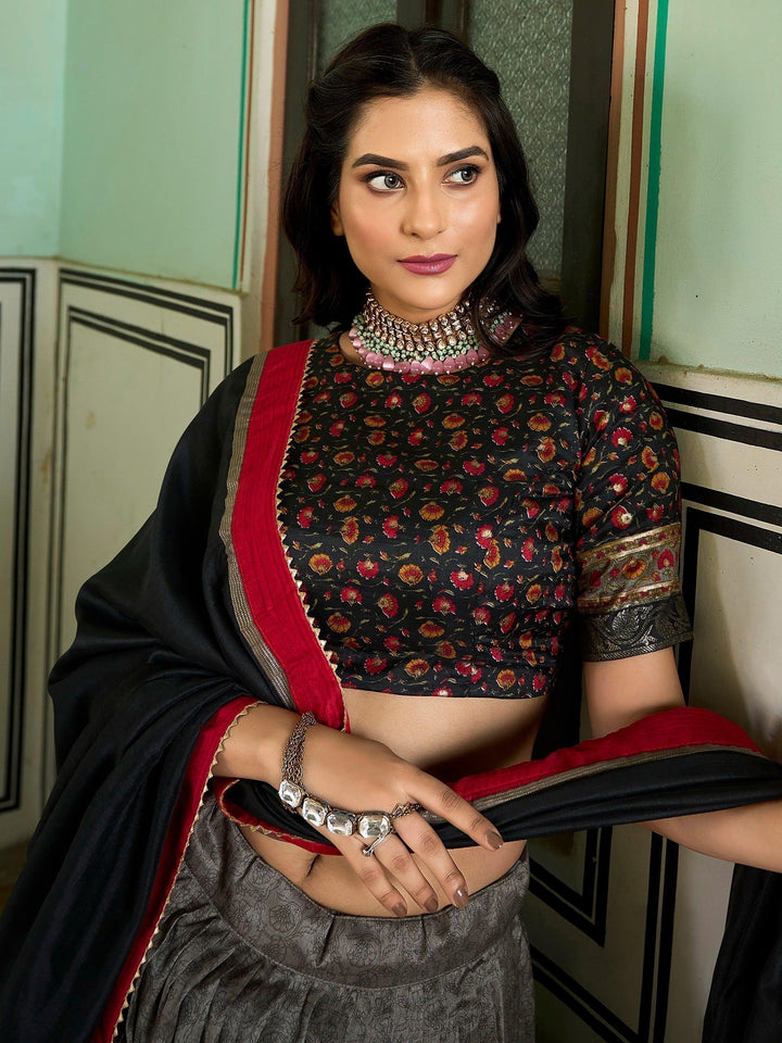 Adorable Grey Foil Printed Tussar Silk | Festival Wear Lehenga Choli Exclusive