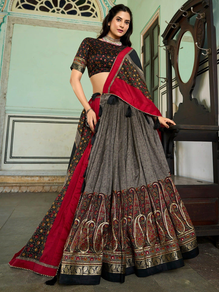 Adorable Grey Foil Printed Tussar Silk | Festival Wear Lehenga Choli Exclusive