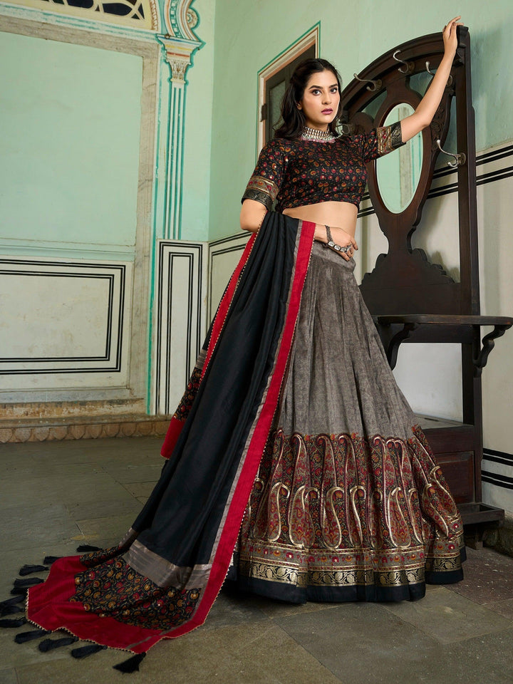 Adorable Grey Foil Printed Tussar Silk | Festival Wear Lehenga Choli Exclusive