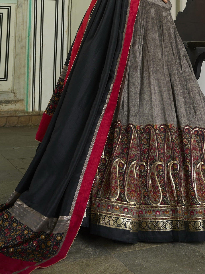 Adorable Grey Foil Printed Tussar Silk | Festival Wear Lehenga Choli Exclusive