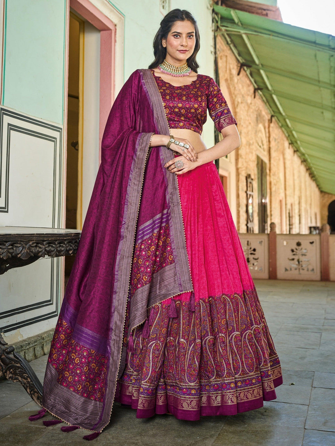 Exquisite Pink Foil Printed Tussar Silk | Function Wear Lehenga Choli Luxury Wear