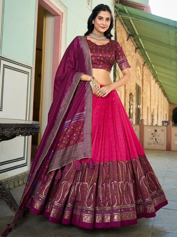 Exquisite Pink Foil Printed Tussar Silk | Function Wear Lehenga Choli Luxury Wear
