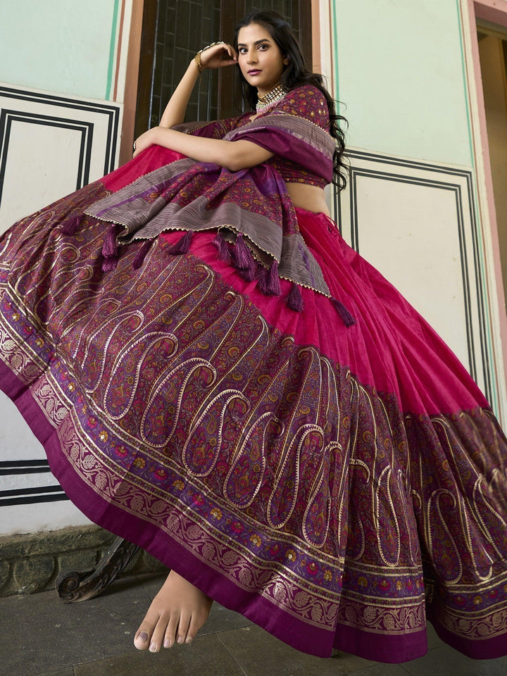 Exquisite Pink Foil Printed Tussar Silk | Function Wear Lehenga Choli Luxury Wear