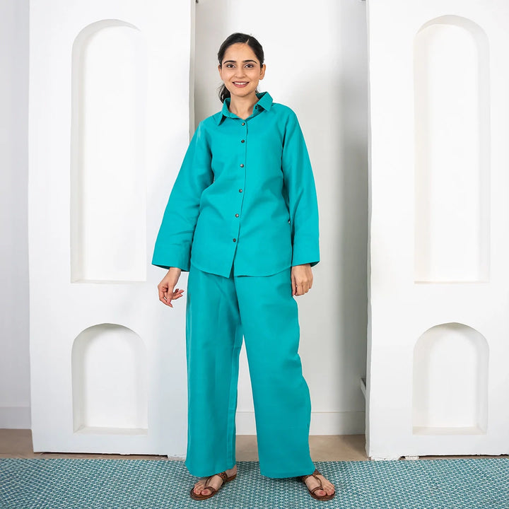 Teal Blue Pant with Shirts Co ord Set For Women