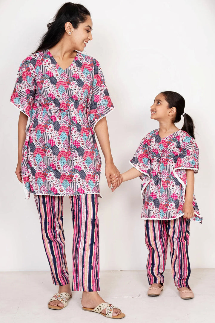 Pretty in Pink and Blue: Cotton Floral Kaftan with Pants Set for Mom & Daughter - Summer Matching Outfits