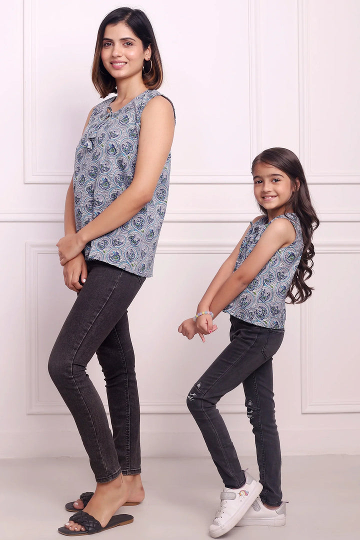 Cotton Classic Duo: Grey Printed Sleeveless Top Set for Mom and Daughter