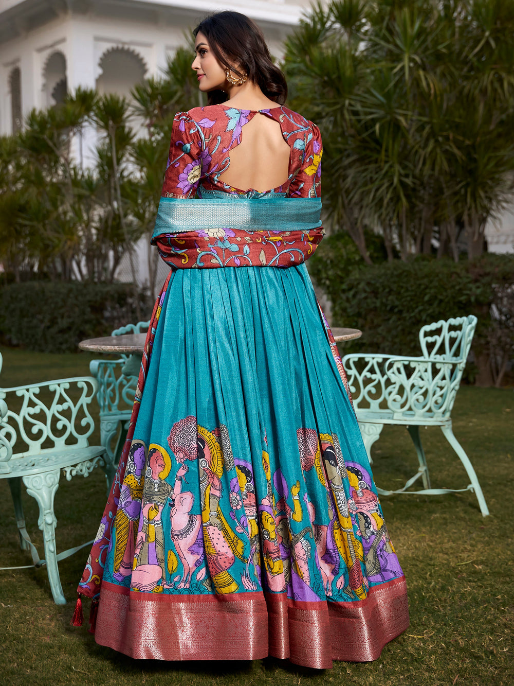 Beautiful Firozi Blue Kalamkari Printed Dola Silk Traditional Lehenga Choli