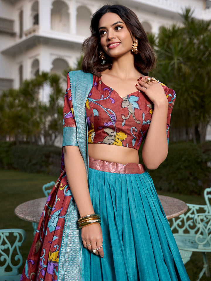 Beautiful Firozi Blue Kalamkari Printed Dola Silk Traditional Lehenga Choli