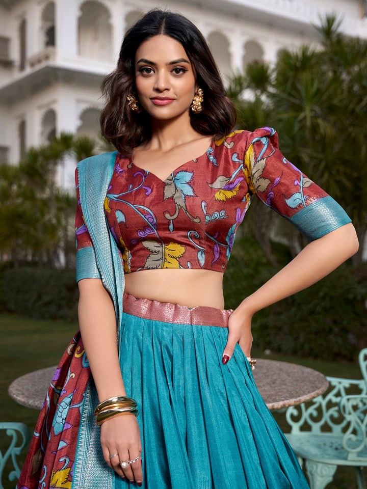 Beautiful Firozi Blue Kalamkari Printed Dola Silk Traditional Lehenga Choli