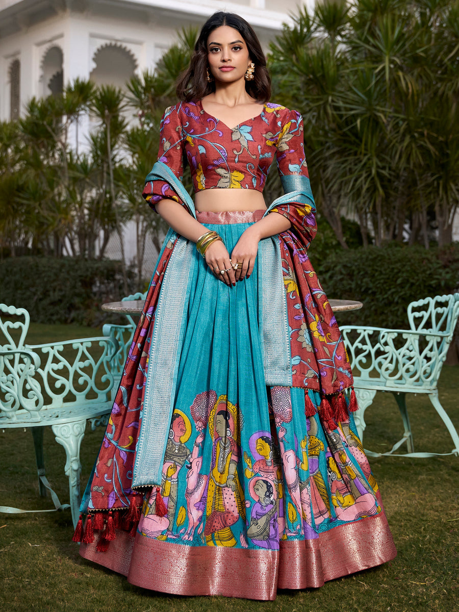 Beautiful Firozi Blue Kalamkari Printed Dola Silk Traditional Lehenga Choli