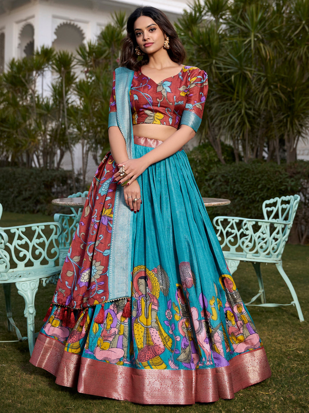 Beautiful Firozi Blue Kalamkari Printed Dola Silk Traditional Lehenga Choli