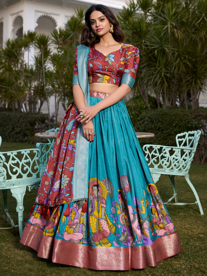 Beautiful Firozi Blue Kalamkari Printed Dola Silk Traditional Lehenga Choli