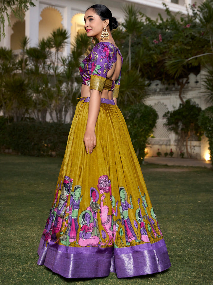 Lovely Mustard Yellow Kalamkari Printed Silk Festival Wear Lehenga Choli