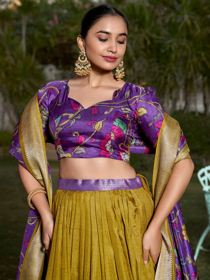 Lovely Mustard Yellow Kalamkari Printed Silk Festival Wear Lehenga Choli