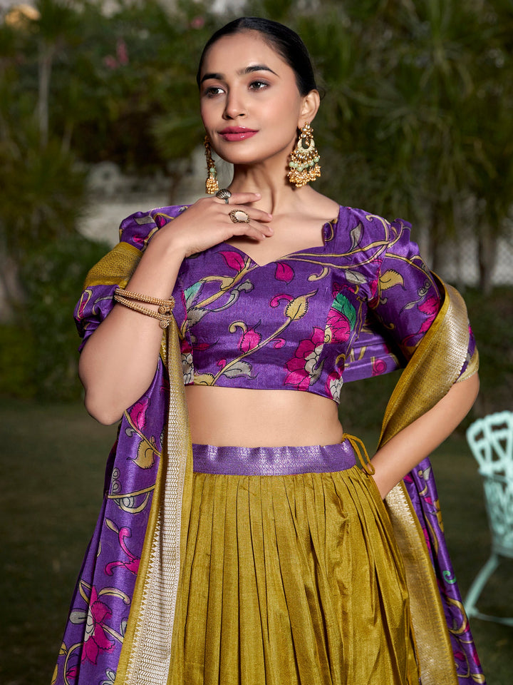 Lovely Mustard Yellow Kalamkari Printed Silk Festival Wear Lehenga Choli