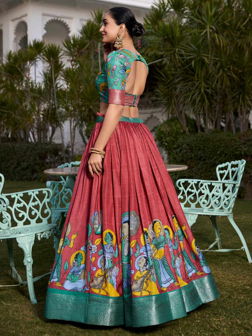 Sweet Coral Red Kalamkari Printed Dola Silk Lehenga Choli With Dupatta