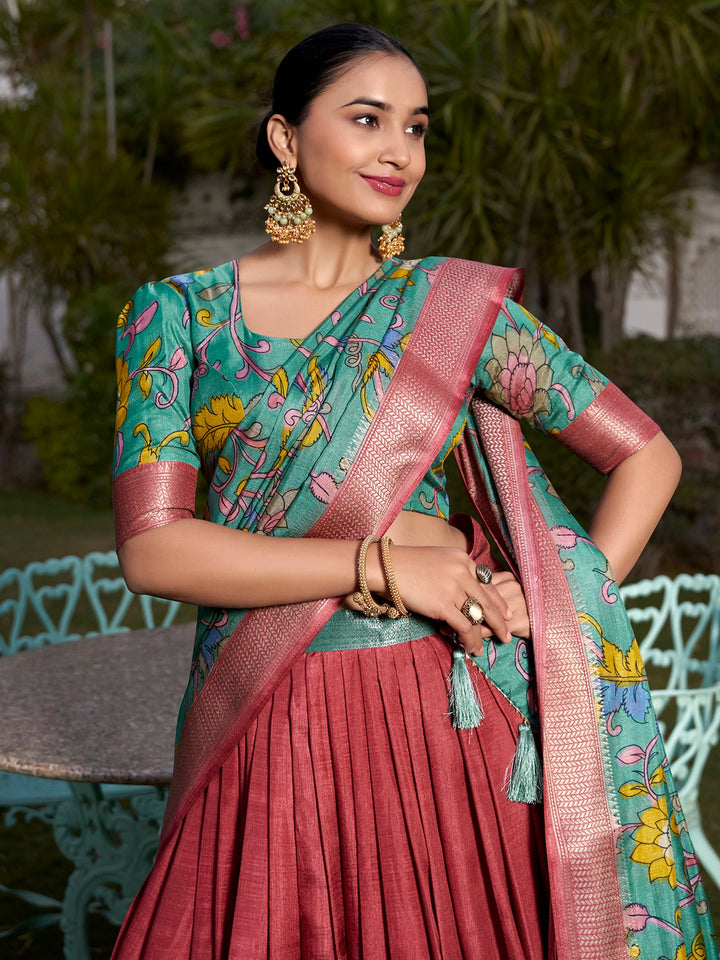 Sweet Coral Red Kalamkari Printed Dola Silk Lehenga Choli With Dupatta