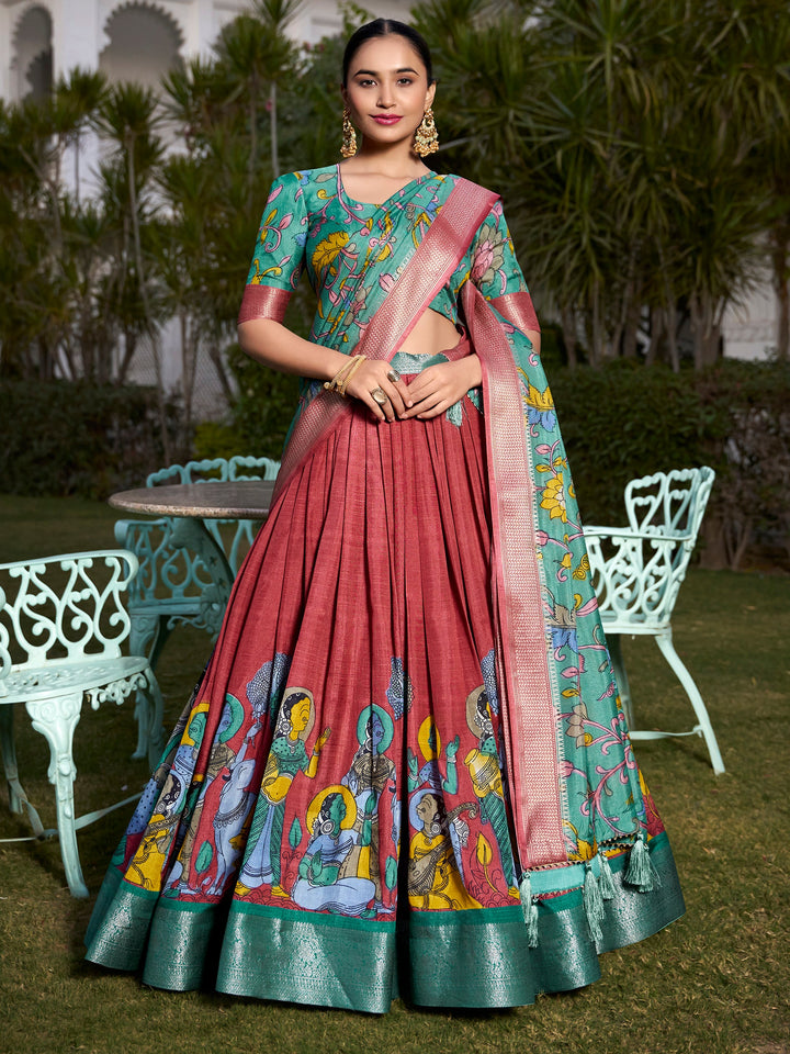 Sweet Coral Red Kalamkari Printed Dola Silk Lehenga Choli With Dupatta