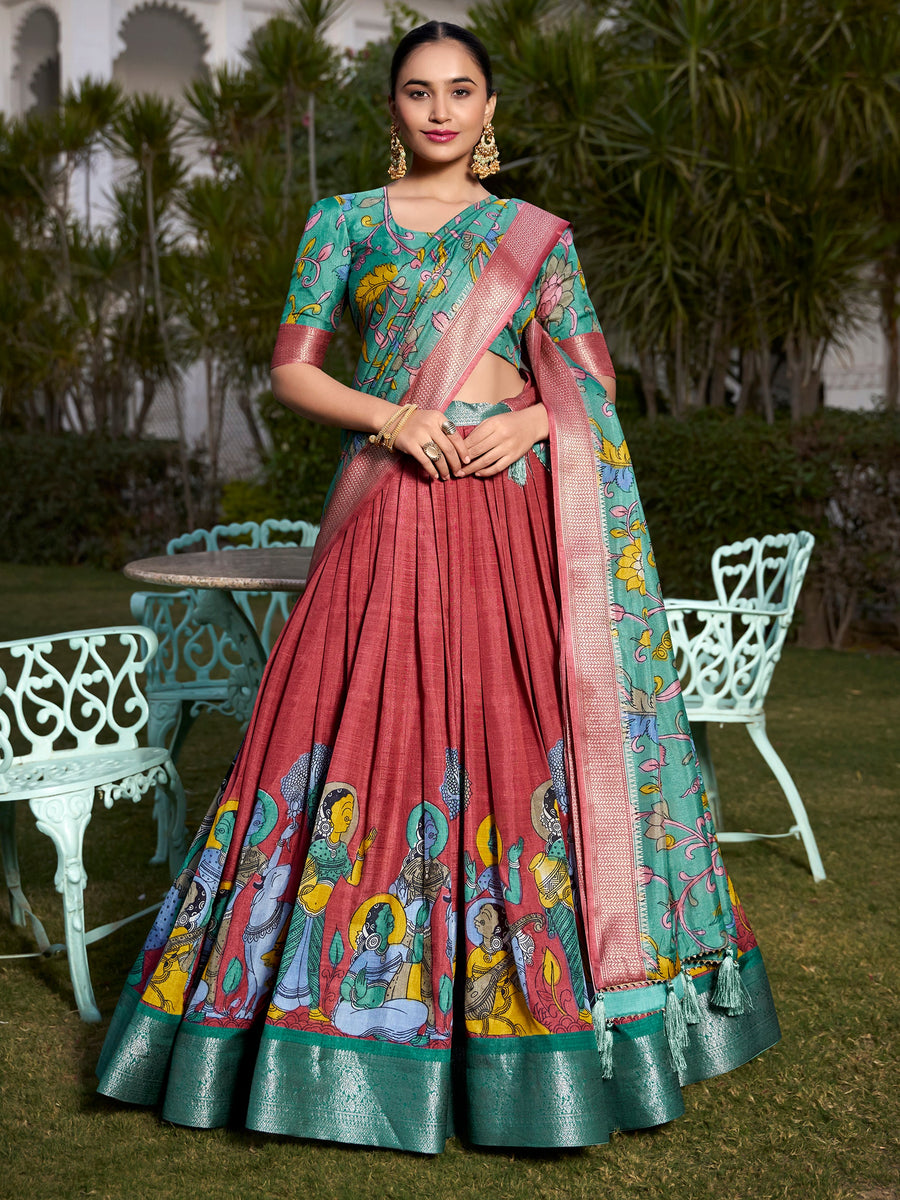 Sweet Coral Red Kalamkari Printed Dola Silk Lehenga Choli With Dupatta