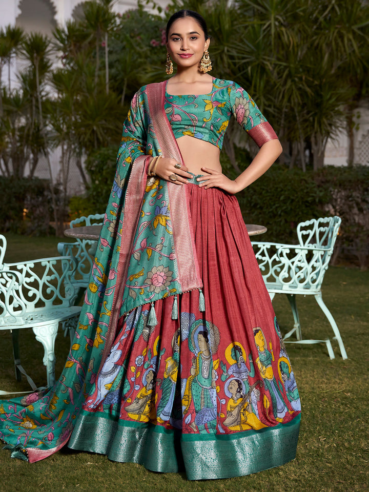 Sweet Coral Red Kalamkari Printed Dola Silk Lehenga Choli With Dupatta