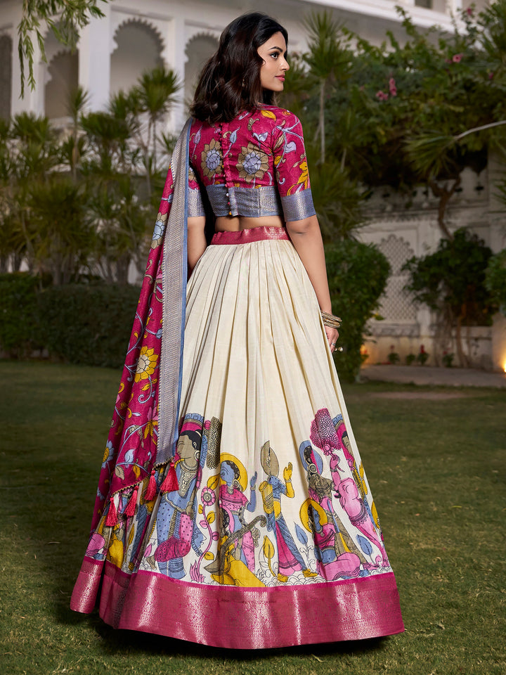 Alluring Off-White Kalamkari Printed | Silk Onam Special Lehenga Choli Luxury Wear
