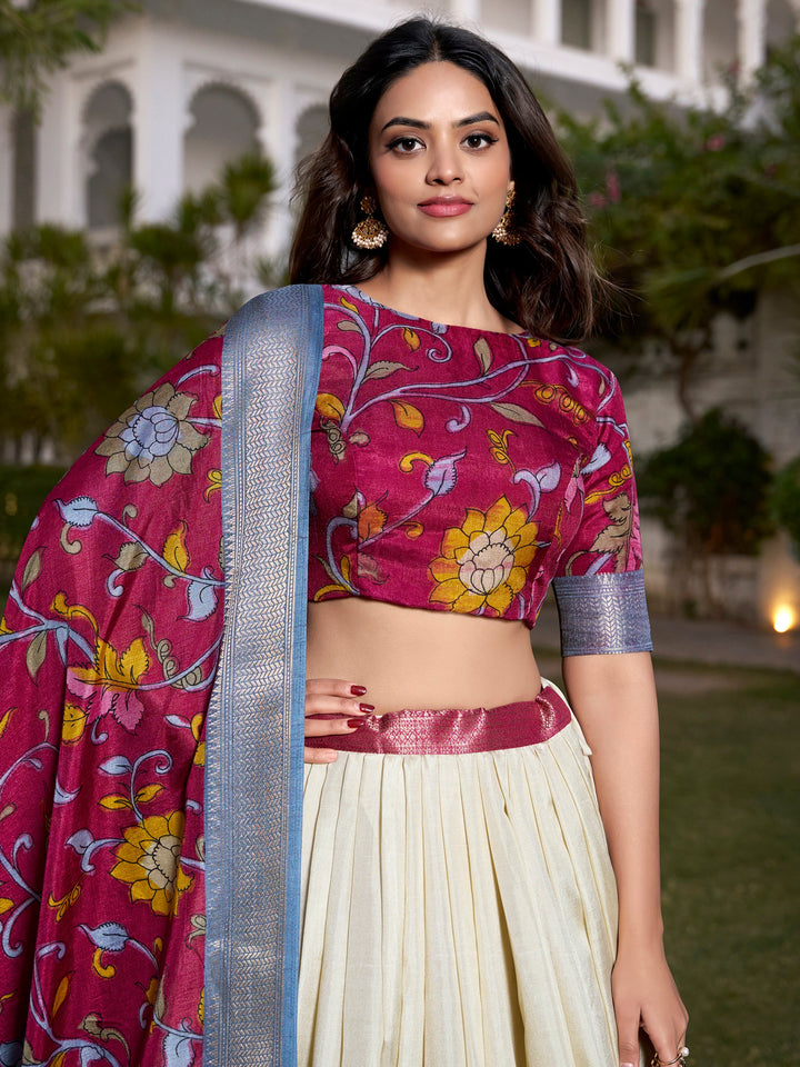 Alluring Off-White Kalamkari Printed Silk Onam Special Lehenga Choli 